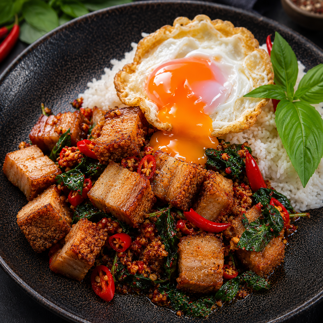 ข้าวหมูกรอบคั่วพริกแกง ไข่ดาว